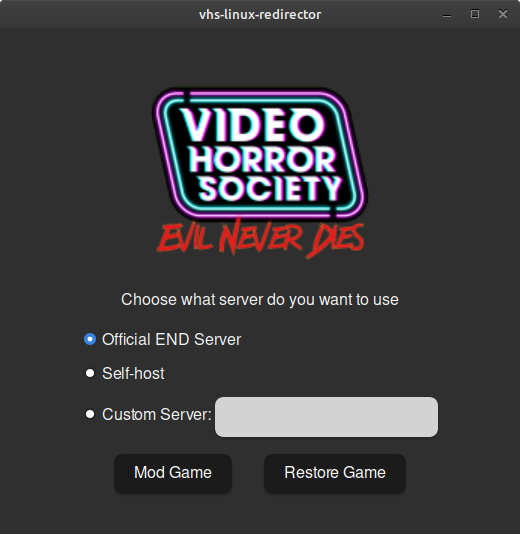Screenshot of an app With the VHS logo letting you choose what server do you want to play in